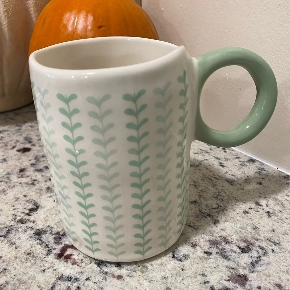 Unique Ceramic Green and White floral Mug with unique shaped handle